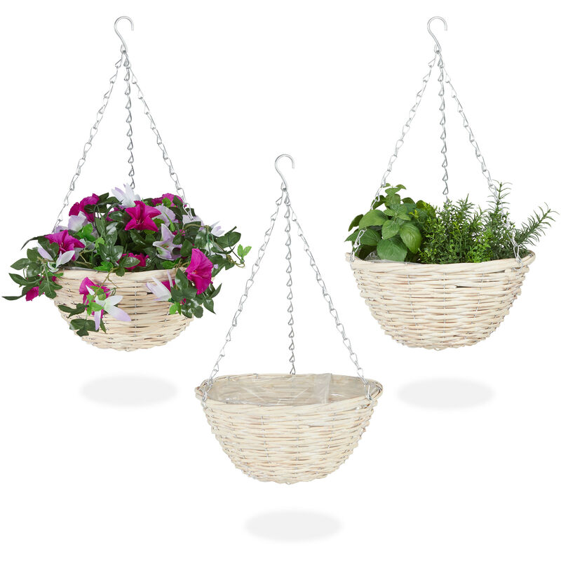 Relaxdays Set of 3 Hanging Plant Basket, Handmade Willow Wood Wicker, with Foil, Flower Pots, HxØ: 12 x 25 cm, Natural