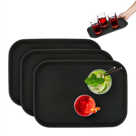 Relaxdays Vassoio Antiscivolo Rettangolare, Set da 3, LxP 35x25 cm, Portata, Servizio Ristorante, Bar, Cucina Casa, Nero