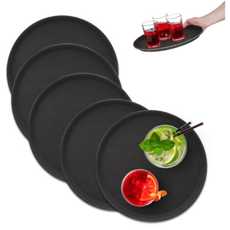 Relaxdays Vassoio Antiscivolo, Set da 5, Rotondo Ø 35 cm, da Portata, per Servizio Ristorante, Bar, Cucina Casa, Nero