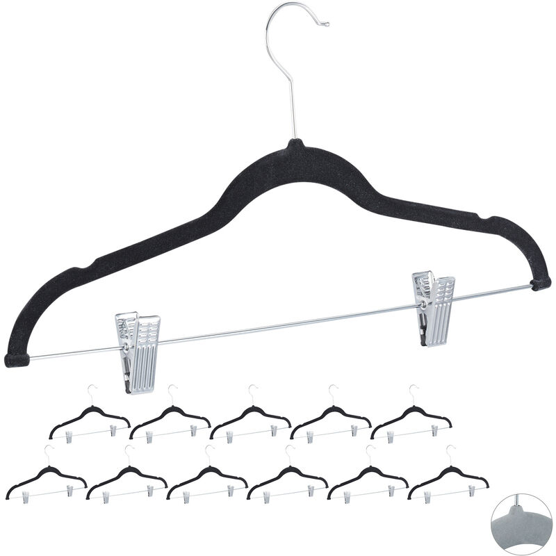 Velvet Coat Hangers with Clamps, Set of 12, 360° Swivel Hooks, Trouser Rail, 43 cm, Black - Relaxdays