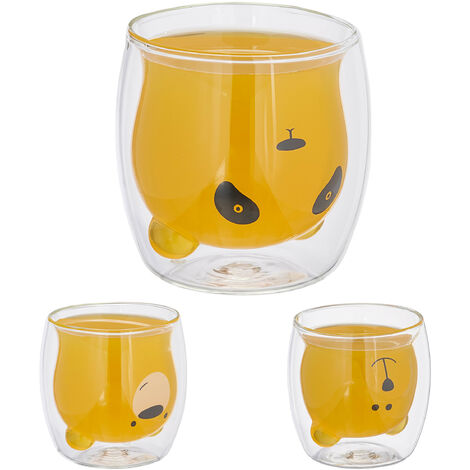 Relaxdays Verre double paroi, lot de 3, motif ours polaire, ours brun & panda, en verre borosilicate, 300ml, transparent