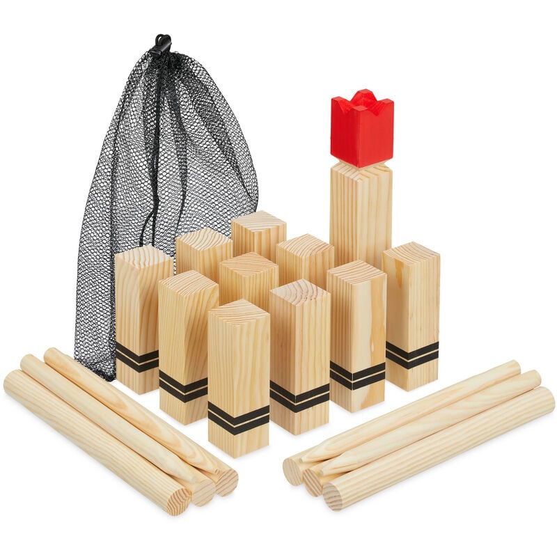 Relaxdays - Viking Game, Wooden, Kubb, Swedish Chess, 21 Blocks, Throw, Play, Outdoor, Children & Adult, Travel Bag, Brown