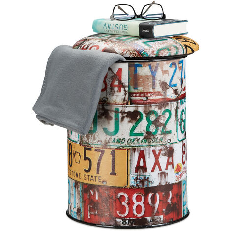 Relaxdays Vintage Storage Ottoman Barrel, Colourful Padded Drum, Storage Cask with Lid H x D: 44 x 32 cm, Multicolor