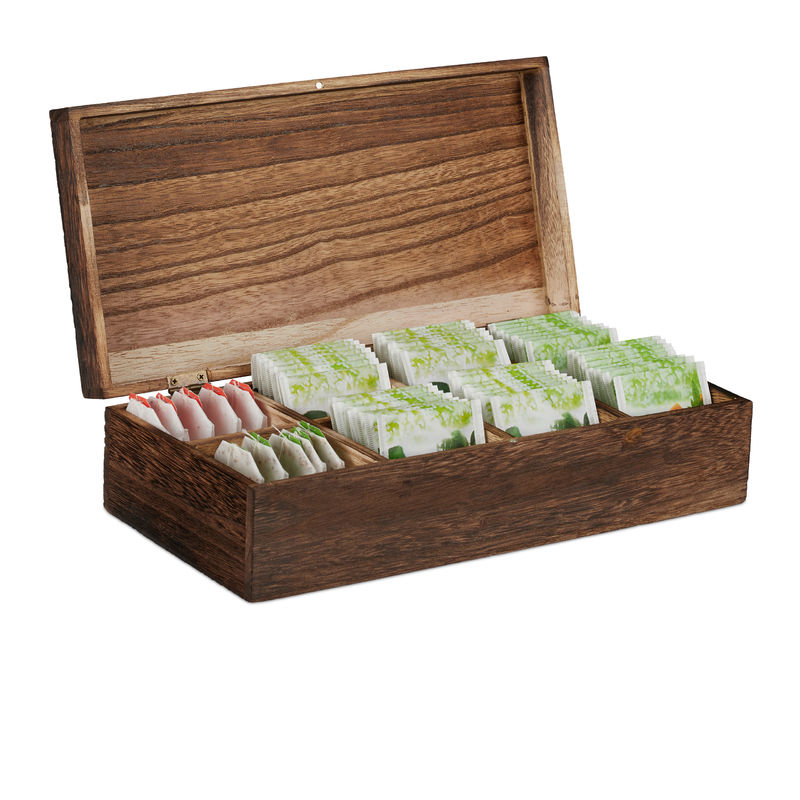 Relaxdays Vintage Tea Box, 8 Compartments for 80 Tea Bags, Wooden Chest, Flavour-Preserving, 8.5x30.5x15.5 cm, Brown