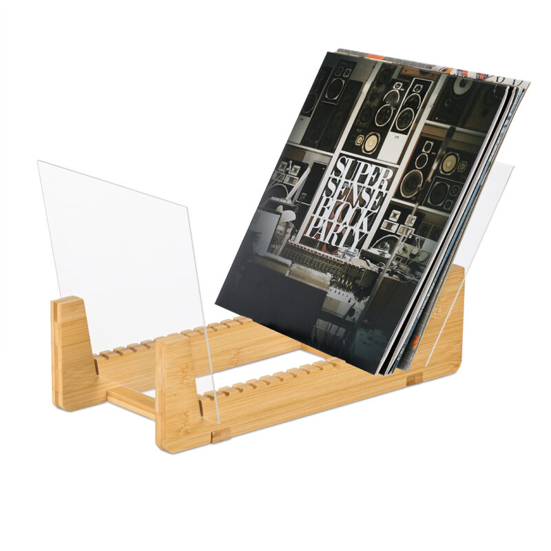 Relaxdays - Vinyl Record Holder, Bamboo & Acrylic, Rack With 12 Slots For 50 Lps, Hwd, 21 X 37.5 X 19 Cm, Natural/clear