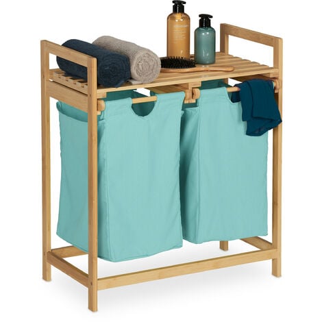 Relaxdays Wäschekorb Regal, ausziehbar, HBT: 73 x 64 x 33 cm, Wäschesammler Bambus, 2 Fächer, Wäscheablage, natur/blau
