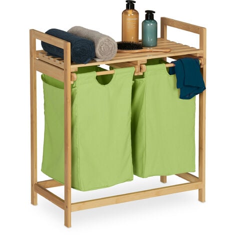 Relaxdays Wäschekorb Regal, ausziehbar, HBT: 73 x 64 x 33 cm, Wäschesammler Bambus, 2 Fächer, Wäscheablage, natur/grün