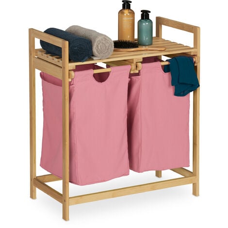 Relaxdays Wäschekorb Regal, Bambus, ausziehbar, HBT: 73 x 64 x 33 cm, Wäschesammler, 2 Fächer, Wäscheablage, natur/rosa