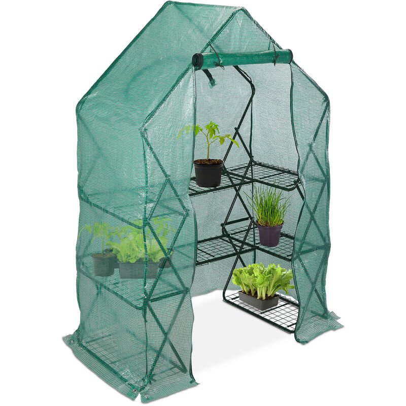 Walk-In Foil Greenhouse, Balcony & Garden, Folding Grow Tent with Shelf, hwd 195x138x72cm, Green - Relaxdays