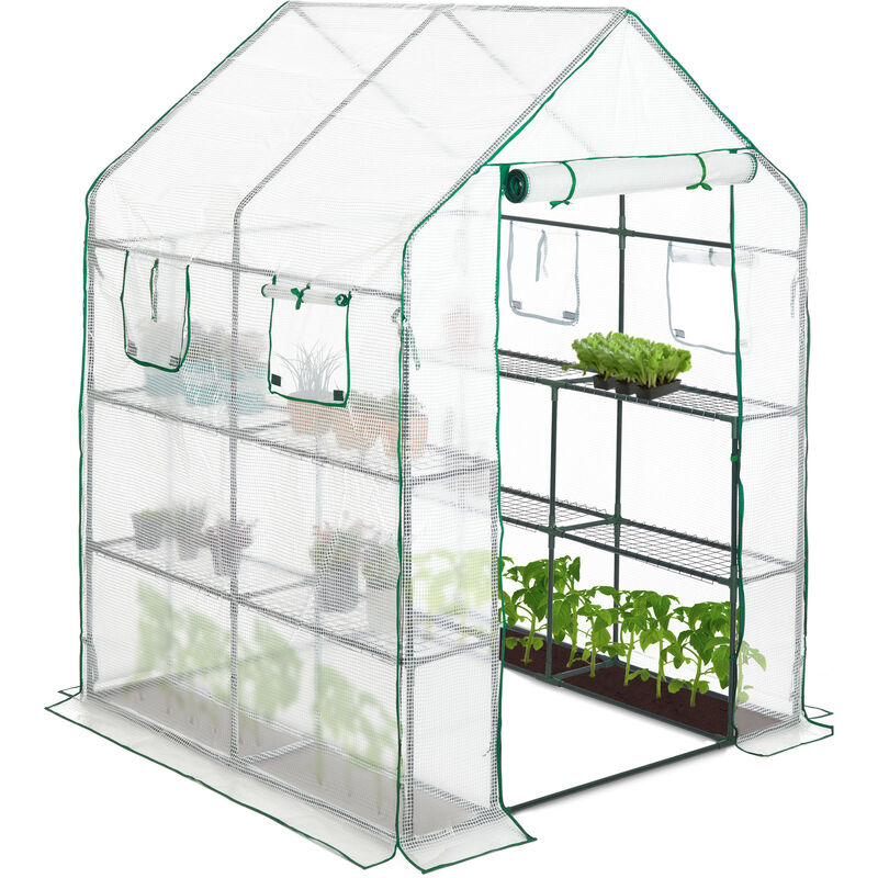 Walk-In Greenhouse, 4 Windows, 2 Shelves, Growing Support Film, Tomato Tent 2 m², 190x140x140 cm, Transparent - Relaxdays