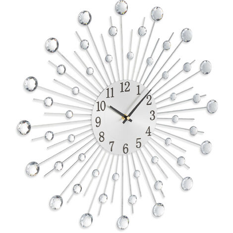 Relaxdays Wall Clock, Analogue, Glittering Stones Design, Battery-operated, for Living Room, Kitchen, Office, Silver