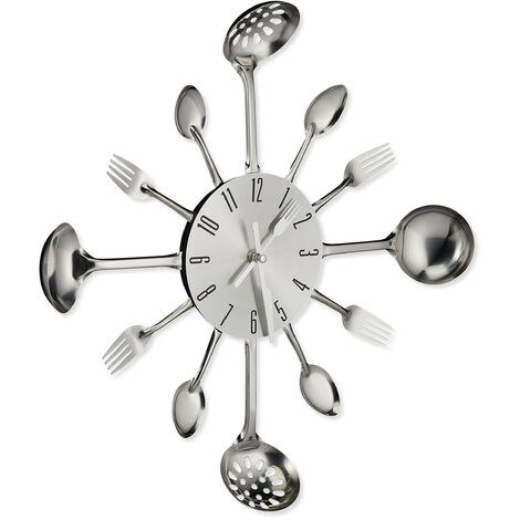 Relaxdays Wall Clock Cutlery, Kitchen Decoration, Spoon, Fork & Ladle, Ø 40 cm, Battery Operated, With Ticking, Silver