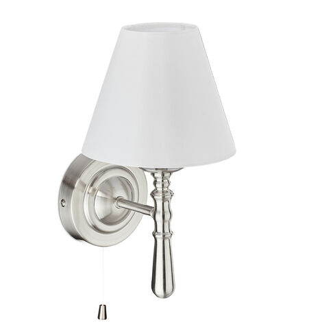 Relaxdays Wall Lamp with Shade, Indoor, Pull Switch, Hallway & Living Room, E14, Fabric, HxWxD: 28 x 16 x 19 cm, Silver