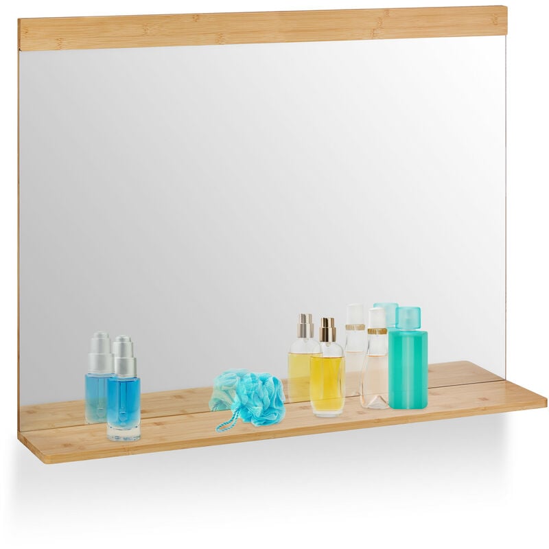 Relaxdays - Wall Mirror with Shelf, Bamboo Frame, HxW 68.5 x 90 cm, Bathroom & Toilet, Hallway & Bedroom, Hanging, Natural