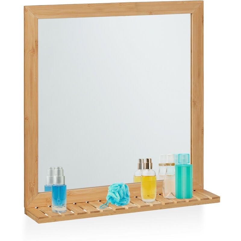 Relaxdays - Wall Mirror with Shelf, Bamboo Frame, HxWxD 61.5 x 60 x 12 cm, Bathroom & Toilet, Hallway & Bedroom, Natural