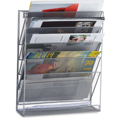 Relaxdays Wall Mount Magazine Rack, A4 Newspaper Stand, Metal Catalogue Holder Basket, HxWxD: 40 x 32 x 10 cm, Silver