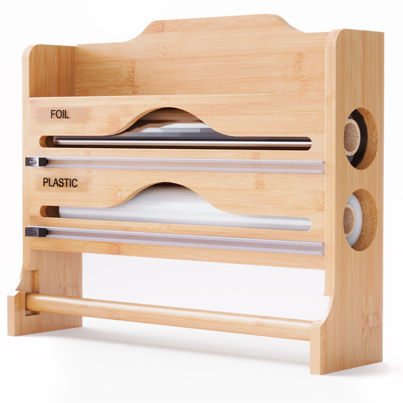 Relaxdays Wall-mounted 3 In 1 Roll Holder For Kitchen Paper, Foil, Cling Film, Bamboo, Hxwxd, 27 X 35 X 9 Cm, Natural