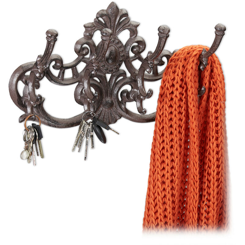 Relaxdays - Wall-Mounted Coat Rack, 4 Hooks, Cast Iron, Country House Style, H x W x D: 20.5x34x12.5 cm, Diff. Colours
