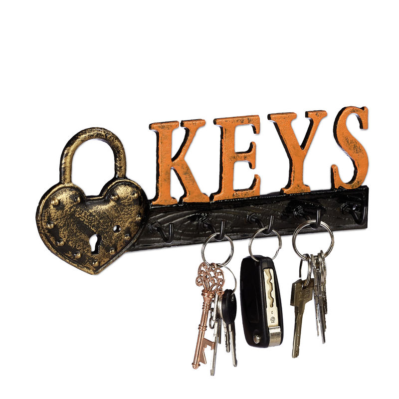 Wall Mounted Key Holder, 5 Cast Iron Hooks, Heart-Shape, Vintage Design, H x W x D 10x26x3 cm, Orange/Black - Relaxdays