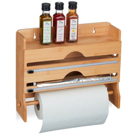 Relaxdays Wall-Mounted Kitchen Roll Holder, for Aluminium Foil, Cling Film, Paper, Bamboo, 31 x 39.5 x 11 cm, Natural