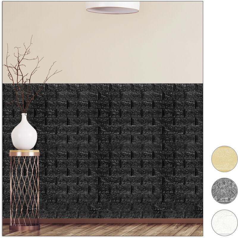 Relaxdays - Wall Panels Self-adhesive, Decorative Stone Look, 3D Panel, Soft PE Foam, Set of 10, 78 x 70 cm, Black