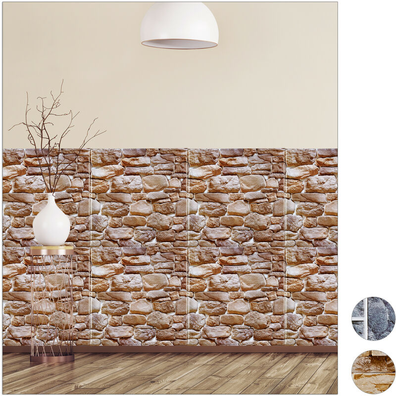 Relaxdays - Wall Panels Self-adhesive, Set Of 10, Decorative Brick Wall, 3D Panelling, PVC Stone Wall, 50 x 50 cm, Brown