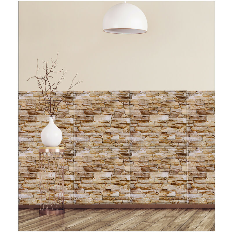 Wall Panels Self-adhesive, Set Of 5, Decorative Brick Wall, 3D Panelling, PVC Stone Wall, 50 x 50 cm, Brown - Relaxdays