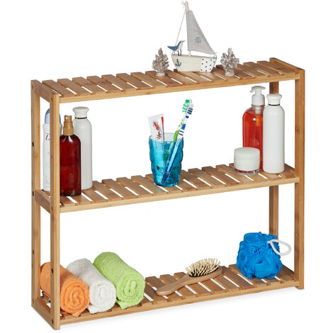 Relaxdays Wall Shelf Bamboo, 3 Trays, Height Adjustable, HWD: 50 x 60 x 15 cm, Bathroom & Kitchen, Narrow Rack, Natural