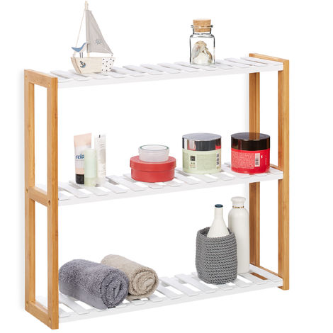 main image of "Relaxdays Wall Shelf Unit With 3 Tiers, Bathroom Shelving; Kitchen Rack, Bookshelf, Bamboo, MDF, HWD 54x60x15cm, White/Natural"