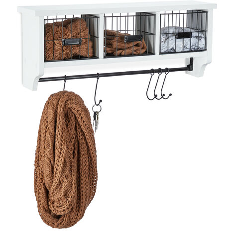 Relaxdays Wall Mounted Kitchen Rack with Hooks, 2 Shelves, HWD: 50 x 45 x  14 cm, Open Hanging Storage Unit, White/Black