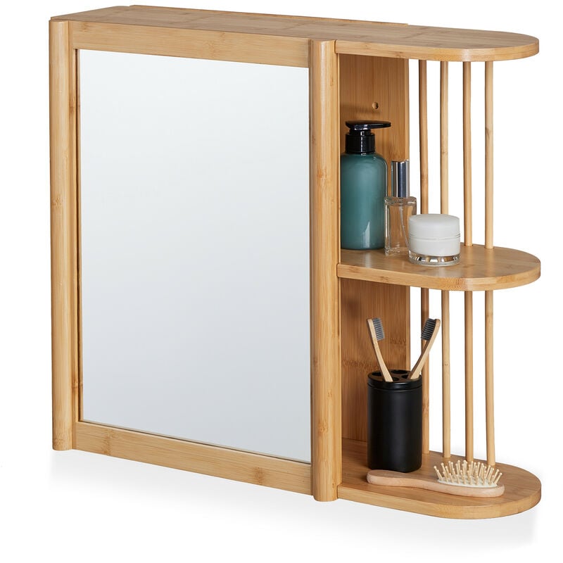 Relaxdays Wall Shelf with Mirror, Bamboo, 2 Half Open Shelves, 53x62x20 cm, Bathroom, Hanging, Cabinet, Natural Wood