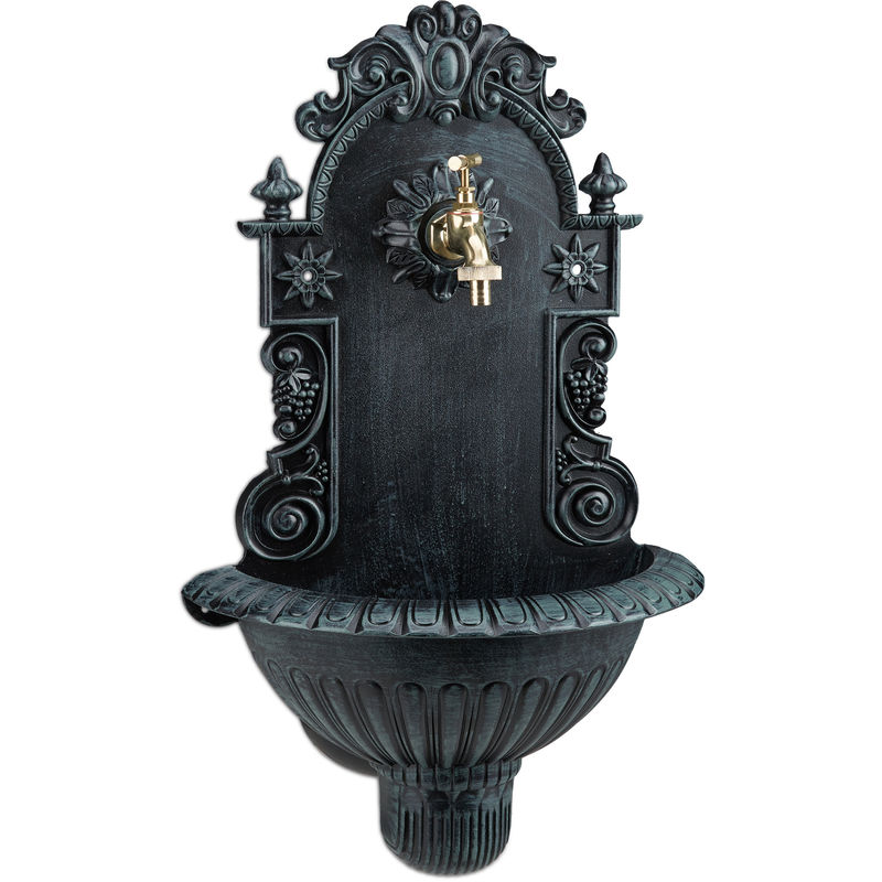 Wall Water Fountain, Antique-Style, Nostalgia, Garden, Patio, Faucet, Hanging Basin, HxWxD: 62 x 38 x 20 cm, Green - Relaxdays