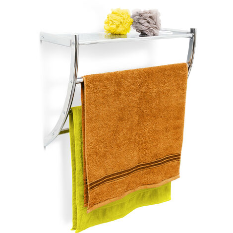 Relaxdays Wandhandtuchhalter, HxBxT:43x56x23cm, 3 Handtuchstangen & Ablage, Wandmontage, verchromter Stahl, silber