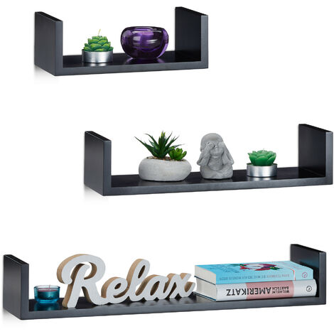 Relaxdays Wandregal, 3er Set, eckige U-Form, freischwebend, 15cm Tiefe, für Bücher, DVDs, Deko, schwarz