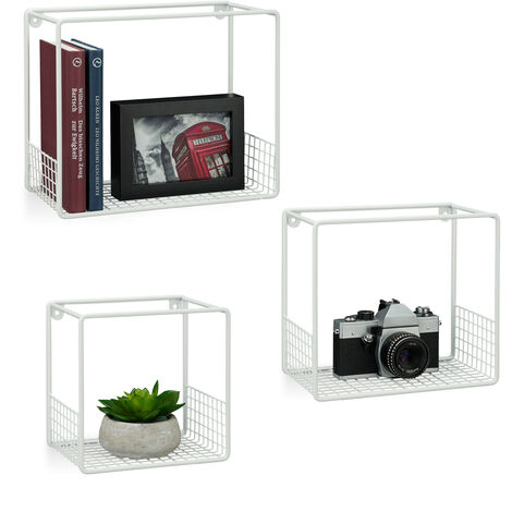   Wandregal im 3er Set, für Wohnzimmer, modernes Gitter-Design, Cube, eckiges Wandboard, Metall, 15cm tief, weiß
