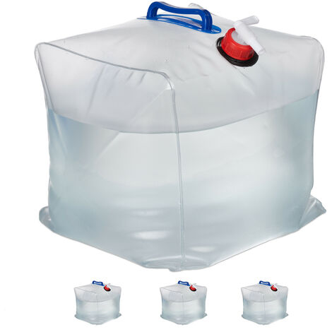   Wasserkanister 4er Set, 20 L, faltbar, Zapfhahn, Griffe, Camping Kanister, BPA-freier Kunststoff, transparent