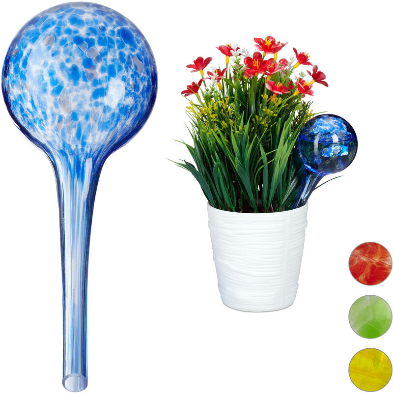 Watering Globes Set of 2, Regulated Irrigation for Plants and Flowers, Office & Holiday Watering Aid, Glass, Blue - Relaxdays