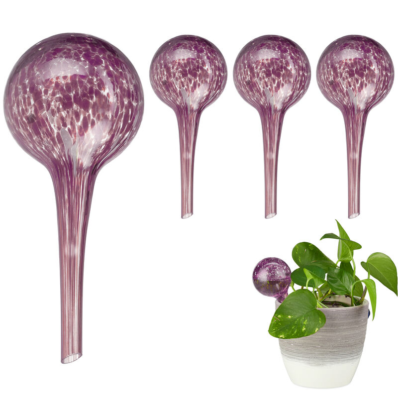 Set Of 4 Relaxdays Watering Globes, Regulated Irrigation For Plants & Flowers, Office & Holiday Aid, Glass, Black