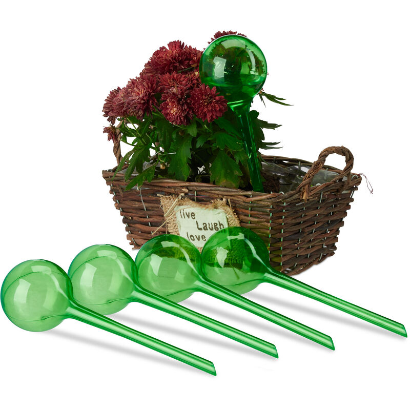 Relaxdays Watering Globes, Set Of 5, Plant Irrigation Stakes, For Office & Holiday, Plastic, 250 Ml, 28 X 8 Cm, Green