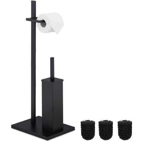 Relaxdays WC Accessory Set, Standing Toilet Paper & Brush Holder, incl. 3 Replacement Heads, 72.5 x 27.5 x 21.5cm, Black