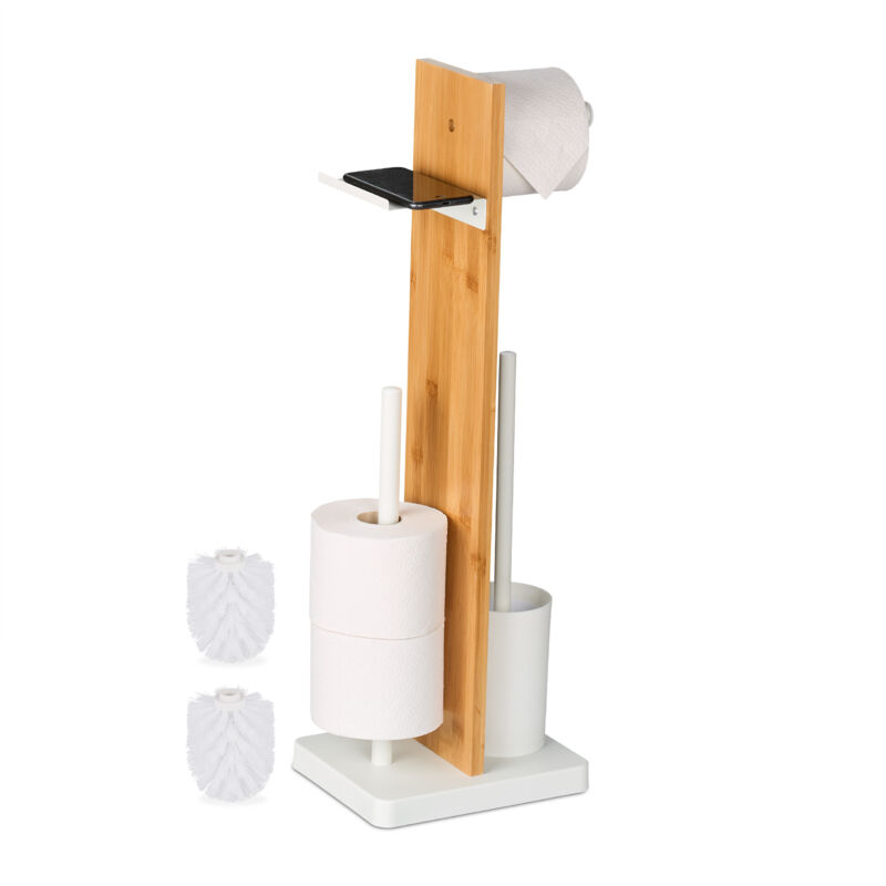 Wc Garnitur, Bambus, Hbt, 68x27x18 Cm, Freistehender Klopapierhalter, Ablage, Toilettenbürste, Weiß/natur - Relaxdays