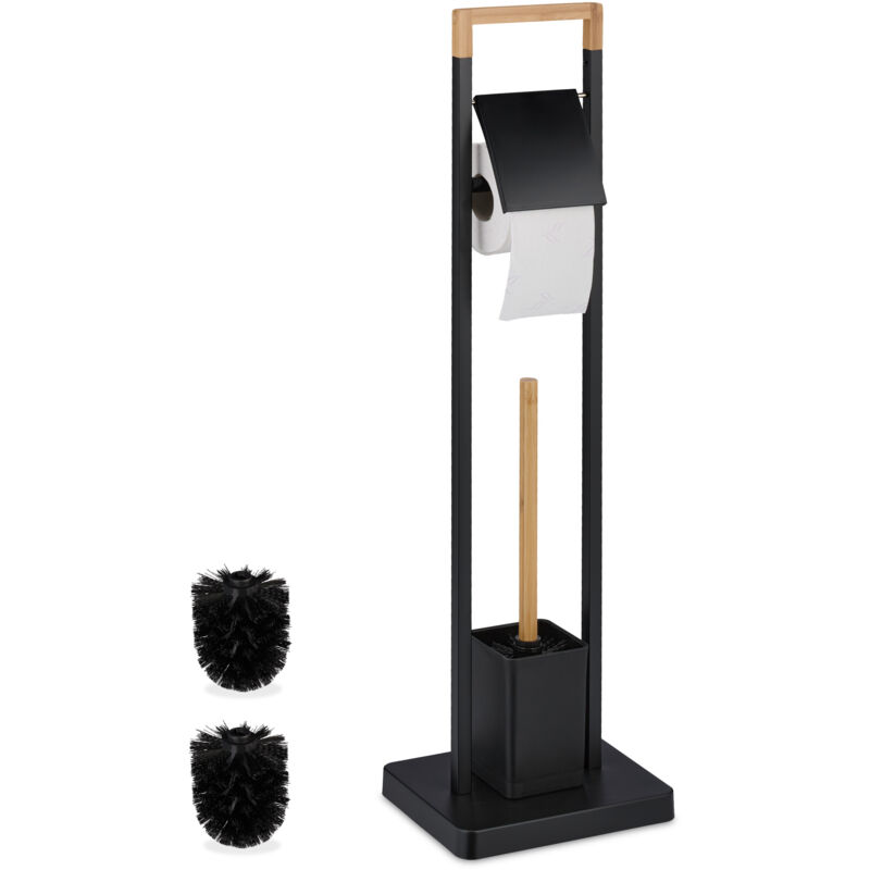 Relaxdays - Wc Set, Bamboo, Stainless Steel, Free-standing, 2 Spare Heads, Toilet Roll & Brush Holder, Black/natural