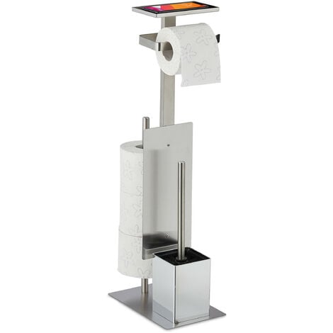 Relaxdays WC Set, Toilet Paper Holder, Bathroom Brush and Holder, Phone or Book Storage Tray, HxWxD: 69x25x18 cm, Silver