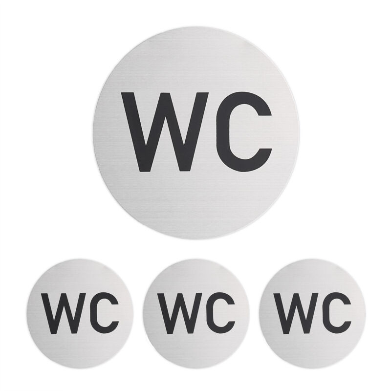 Set Of 4 Wc Labels, Toilet Sign, Round, Stick-on, Ø 10 Cm, Bathroom & Guest, Aluminium Door Sticker, Silver - Relaxdays