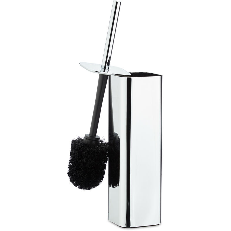 Wc Toilet Brush Holder Wall, Toilet Brush Holder with Brush, Wall Mounted, hwd: 38.5x8x8 cm, Silver/Black - Relaxdays