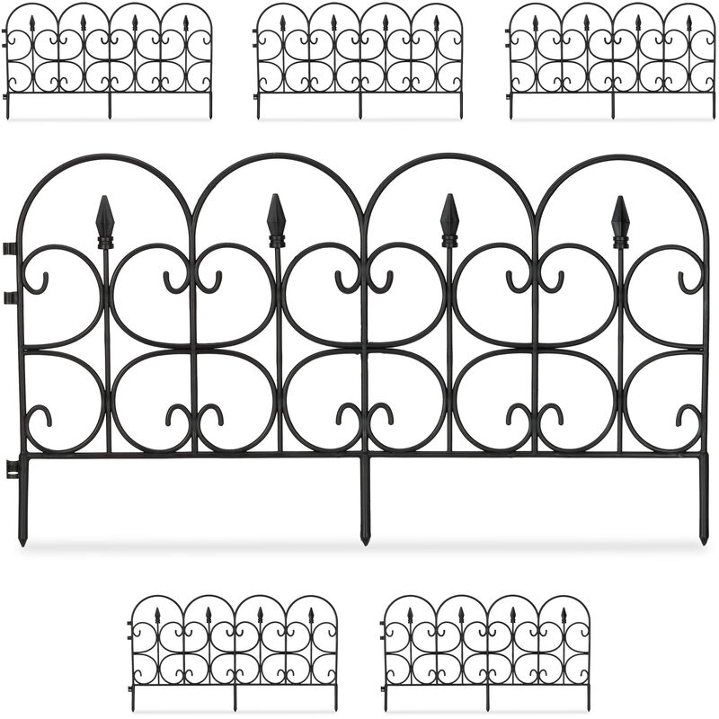 Relaxdays Weatherproof Plastic Flowerbed Fence, 30 cm Tall, Ornate Lawn Enclosure with Spikes, 6-Pc Set, 4m, Black