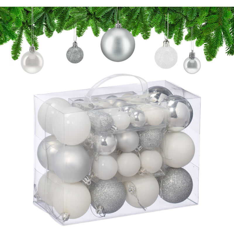 Relaxdays Weihnachtskugeln 50er Set, Weihnachtsdeko, Matt, Glänzend, Glitzernd, Baumkugeln ∅ 3, 4 & 6 Cm, Silber/weiß