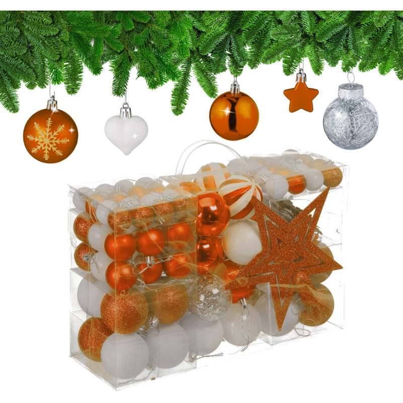 Relaxdays - Weihnachtskugeln 101er Set, Kunststoff, Weihnachtsbaumdeko Mit Kugeln & Spitze, Christbaumschmuck, Orange/weiß