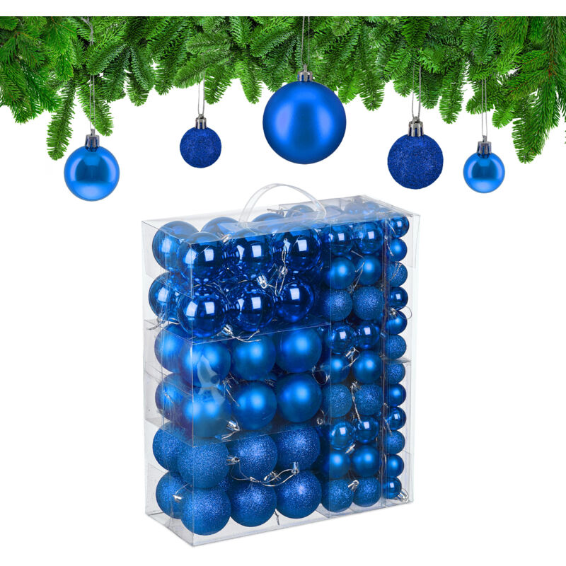 Relaxdays - Weihnachtskugeln Im 138er Set, Kunststoff, Glitzernde, Matte, Glänzende Baumkugeln, Christbaumschmuck, Blau