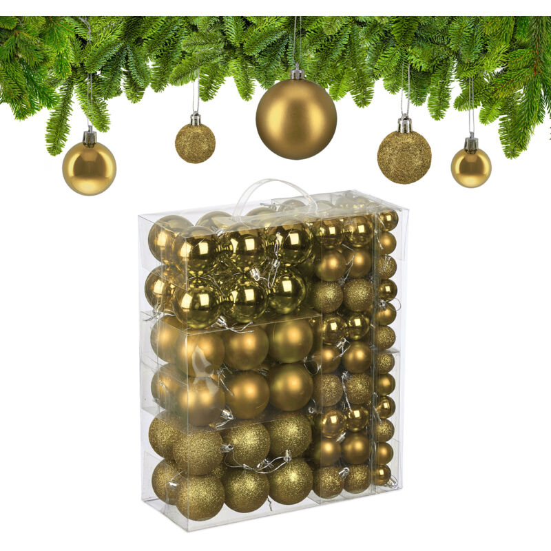Relaxdays - Weihnachtskugeln Im 138er Set, Kunststoff, Glitzernde, Matte, Glänzende Baumkugeln, Christbaumschmuck, Gold